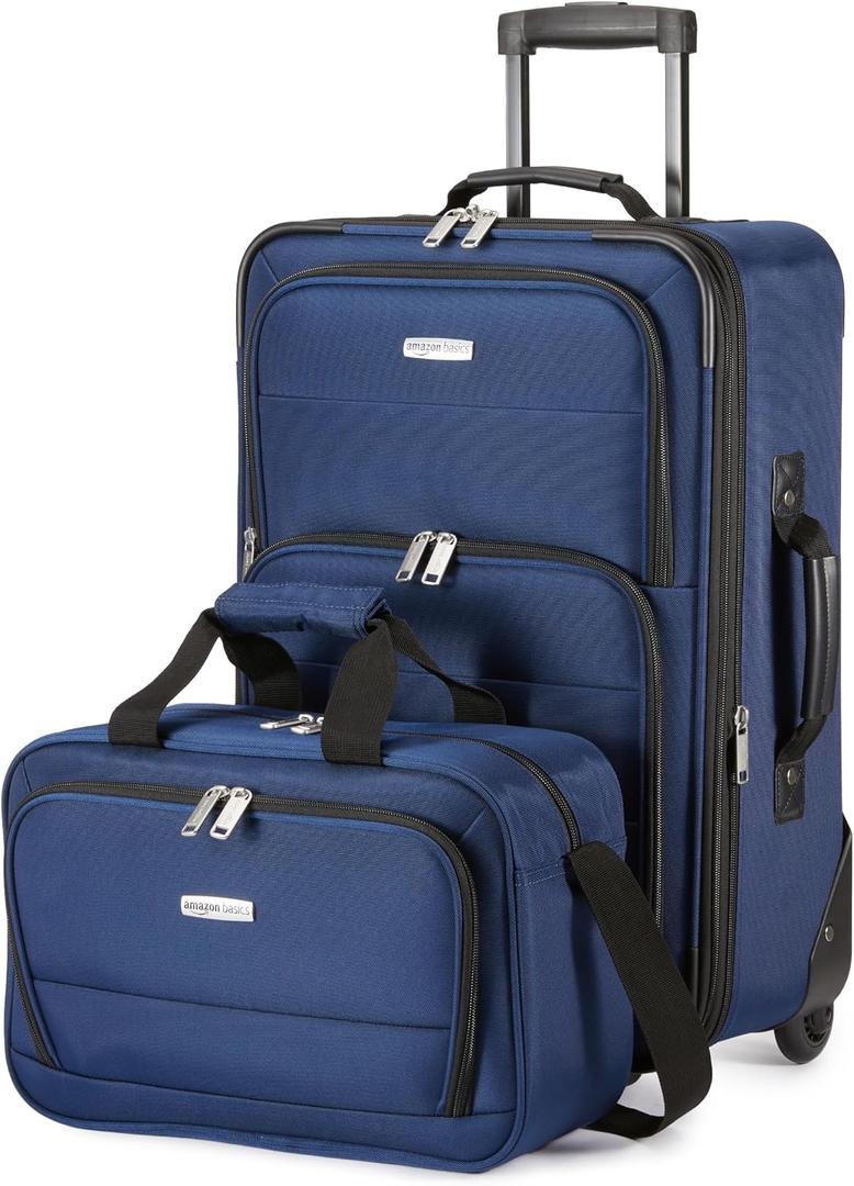 Amazon Basics Softside Luggage Set, 23-Inch Expandable Suitcase with Wheels and 15-Inch Tote, Extra Space (+15%), Front Pockets, Telescopic Handle, Navy Blue, Carry-On 23-Inch, tote 15-Inch