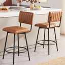 Swivel Counter Height Bar Stools with Back Set of 2, Upholstered 26'' Counter Stools with Metal Frame, Faux Leather Cognac, 26'' x2
