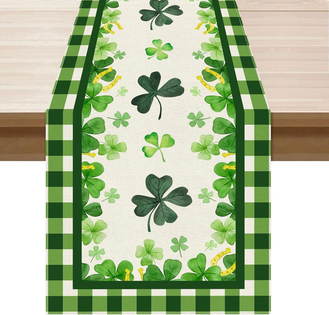 XCHI Green Plaid Four-Leaf Clovers Shamrocks Horseshoes St. Patrick's Day Table Runner Table Decoration for Party Home Kitchen Dining Holiday Decor 13x72 Inch