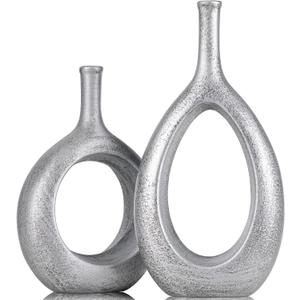 Vintage Silver Ceramic Vase Set 2, Modern Hollow Circle with Hole Flower Vase for Home Decor, for Table Centerpieces, Farmhouse, Fireplace, Living Room, Bedroom, Office, Bookshelf, Rustic Decor