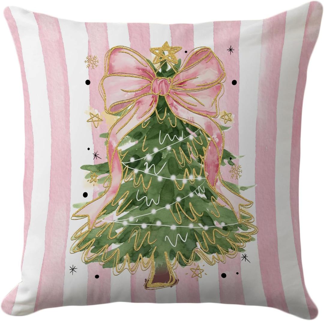 Christmas Tree Pillow Cover 18x18 Pink Coquette Holiday Throw Pillow Case with Bow and Stripes Cute Feminine Christmas Cushion for Bedroom or Sofa Decor