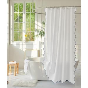 White Fabric with Water Blue Scalloped Border Shower Curtain,Boho Chic Cloth Shower Curtain for Bathroom Showers,72 x 72 Inches