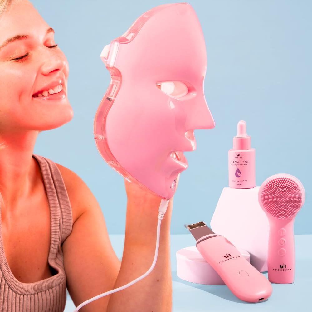 VogueNow LED Face Mask Light Therapy Premium Spa Kit (4 Pcs) - With Ultrasonic Scrubber, Ultrasonic Brush & Green Tea Serum - 7 Colors (Blue & Red) Spa Light Therapy Mask for Rejuvenation (Baby Pink)