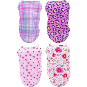 PET SHOW 4 Pack Paw Bone Printed Dog Clothes Shirts Soft Vest Lightweight Sleeveless Cats Doggies T-Shirts Puppies Tank Top Tee for Small Medium Dogs White Black Pink Blue (Medium, Pink for Girls) (Medium)