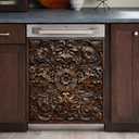 Dishwasher Cover Sticker 23x26 Inch, Rustic Dark Wood Carved Floral Relief Pattern Vinyl Decal, Waterproof Removable Dishwasher Door Wrap for Kitchen Appliance Decor(Brown), 23 inches x 25.5 inches