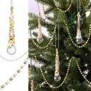 Soulchen 9pcs Crystal Icicle Christmas Tree Ornaments Crystal Gold Tree Garland Set 4 Inch Clear Raindrop Hanging Pendants 33 ft Gold Pearl Garland String for Christmas Wedding Party Decoration