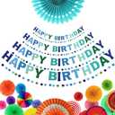 2 PCS Pre-Strung 3D Felt Happy Birthday Banner - Reusable Blue and Green Happy Birthday Decorations Sign, Handmade Wool Felt Ball Garland, Pom Pom Garland, Party Decor, Photo Prop
