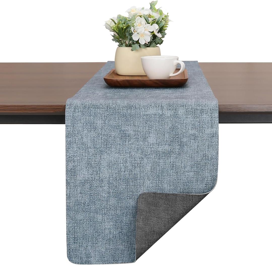 Table Runners 55 Inches Long, Dual-Sided Faux Leather Farmhouse Table Runner Waterproof Heatproof Non-Slip for Living Room Party Home Decor Holiday Decorations(Gray Light Blue, 12 x 55 Inch)