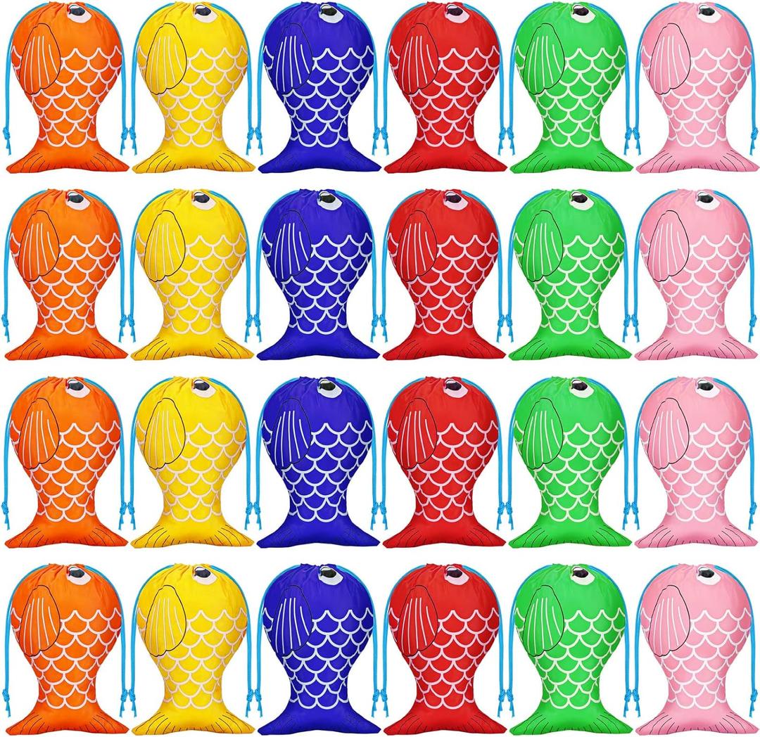 Shappy Fishing Party Favor Drawstring Bags - Fish Themed Gift for Little Fisherman - Candy Goody Treat Bag for Kids Girl Boy (Cute, 24 Pieces)