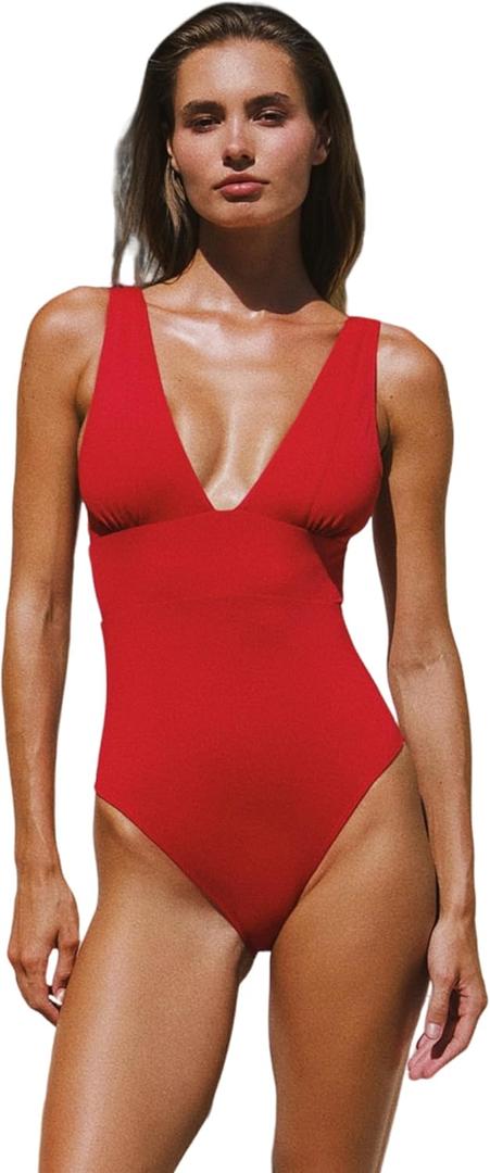 Womens One Piece Swimsuit Tummy Control Bathing Suit Sexy Deep V Neck Cheeky High Cut Swimwear (Large, Red)