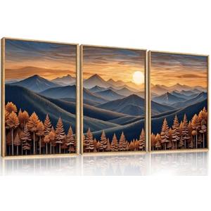Amazon.com: HOURIA Large Woodland Mountain Sunset Framed Canvas Wall Art Set,Wilderness Wooden Forest Landscape Wall Decor,Nature Botanical Artwork,Boho Pine Tree Art Print for Living Room,Bedroom-24 x36 x3: Posters & Prints