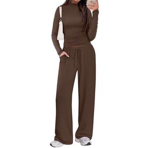 Sampeel Two Piece Lounge Set for Women 2 Piece Fall Outfits 2025 Mock Neck Ruched Tops Wide Leg Pants Travel Airport Medium