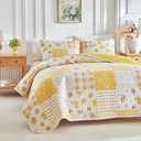Flysheep Floral Patchwork Quilt Set Full/Queen Size, 3 Pieces Yellow Flower Plaid Bedspread Coverlet Set, Lightweight Soft Microfiber Bed Cover for All Season (90" x 90", 1 Quilt+ 2 Pillow Shams)