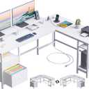 Furologee 66 L Shaped Desk with Power Outlet, Reversible Computer Gaming Desk with File Drawer & 2 Monitor Stands for Home Office with Storage Shelves, White