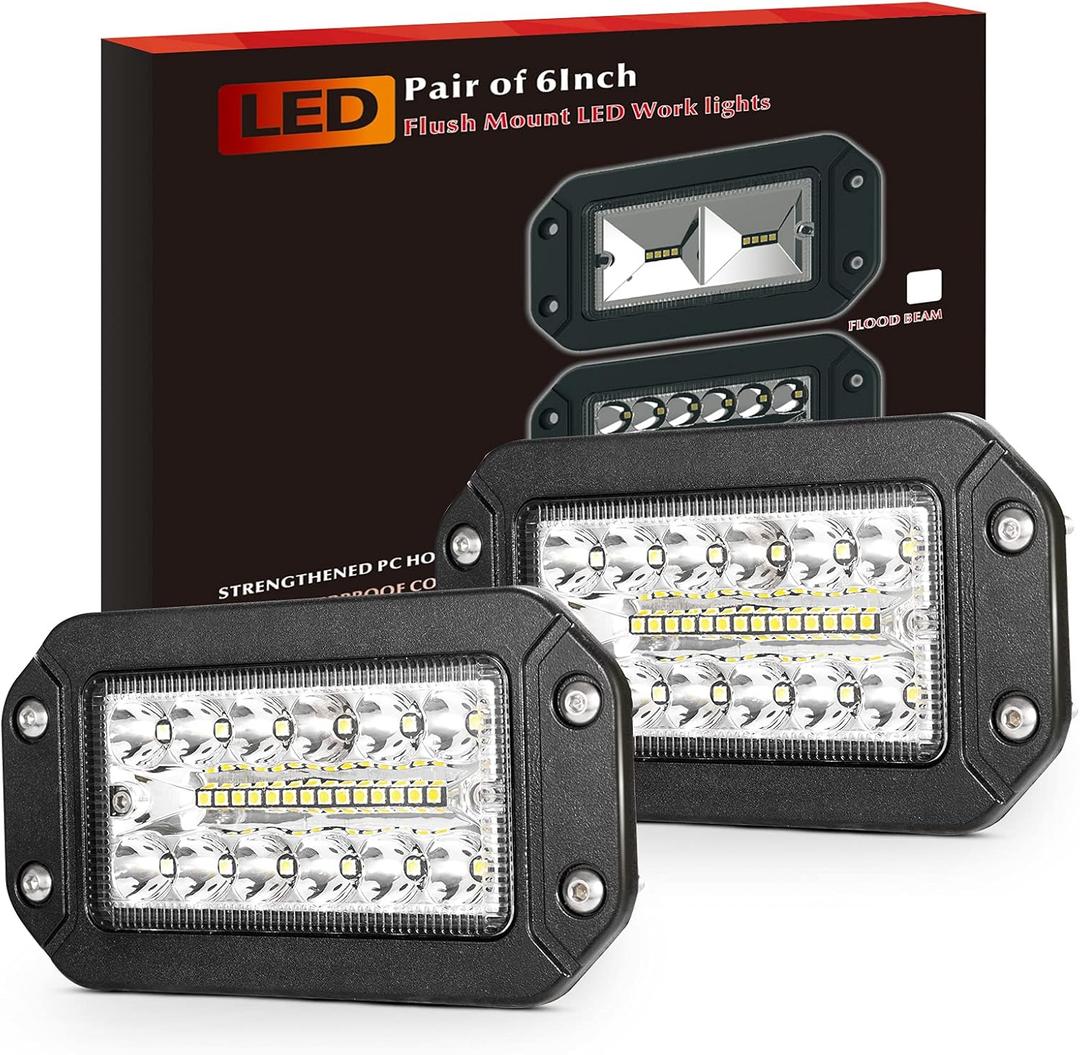 Flush Mount LED Light Pods, BUNKER INDUST 2Pcs 6 Inch Spot Flood Combo Beam 6000 LM Triple Row Driving Off Road Light Bar Waterproof Led Work Light for Golf Cart Trucks Tractor SUV 4x4 ATV UTV
