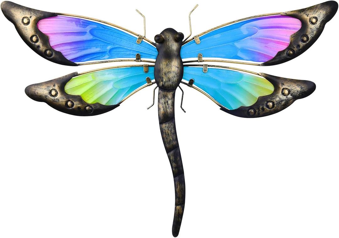MUMTOP 18 Inch Metal Dragonfly Wall Decor, Inspiational Wall Sculpture Hanging Glass Wall Art for Indoor Outdoor Home Living Room Office Yard Garden