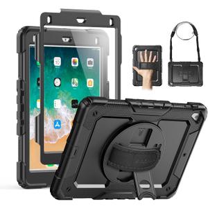 SEYMAC Case for iPad 6th/5th Generation 9.7 Inch, Full-Body Shockproof Heavy Duty Protective Case with Screen Protector, Rotating Stand/Hand/Shoulder Strap for iPad Air 2/ Pro 9.7, Black