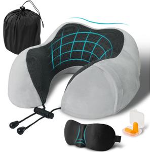 Travel Pillow, Memory Foam Neck Pillow for Traveling, U Shape Neck Pillow Airplane Portable Flight Pillow Travel Kit with 3D Contoured Eye Masks and Earplug for Plane Train Car Home Office - Grey