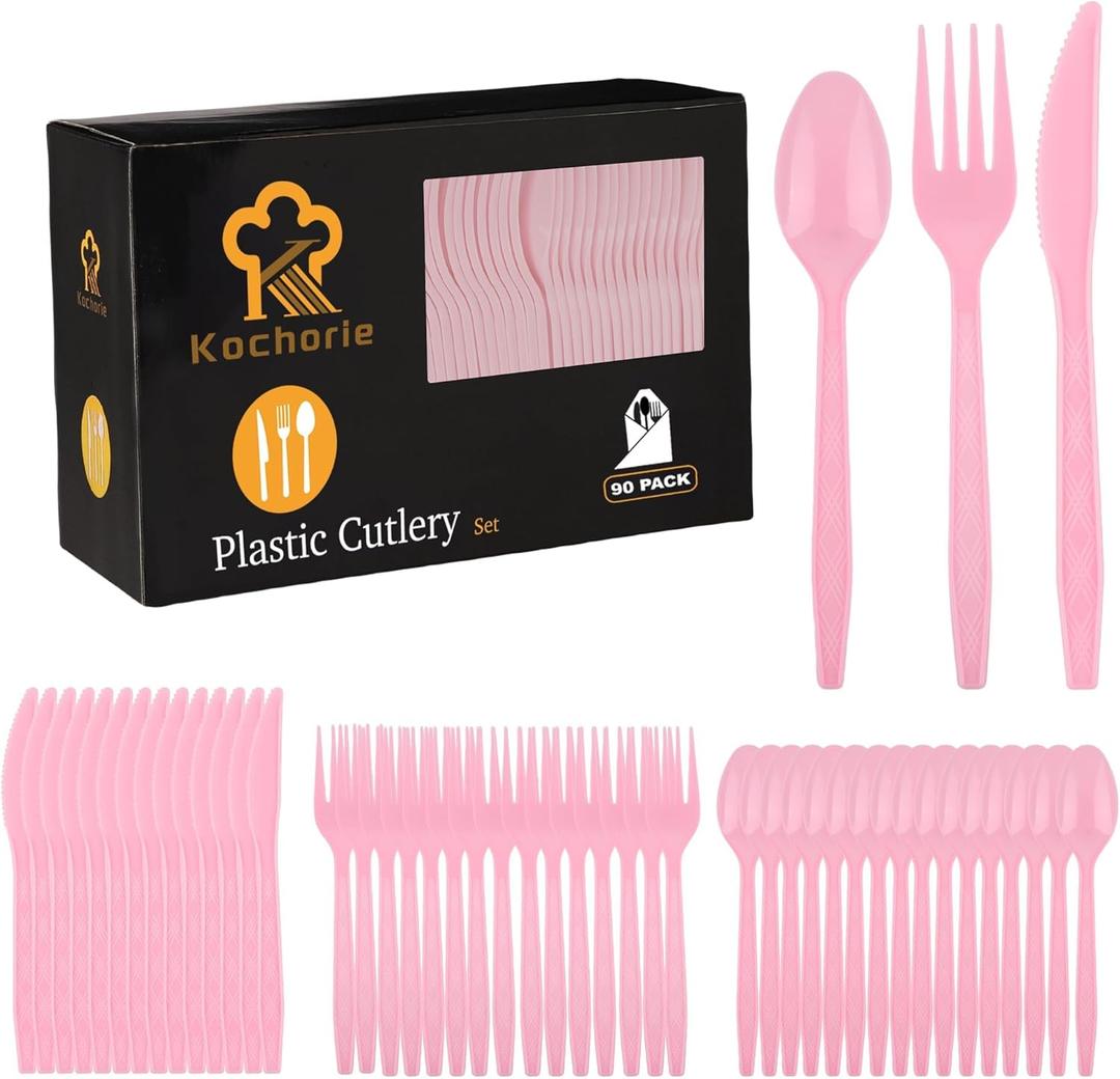 Kochorie 90 Pieces Pink Plastic Cutlery Set Disposable Plastic Utensils Heavy Duty Flatware Set Includes 30 Knives 30 Forks 30 Spoons for Party Wedding Birthday
