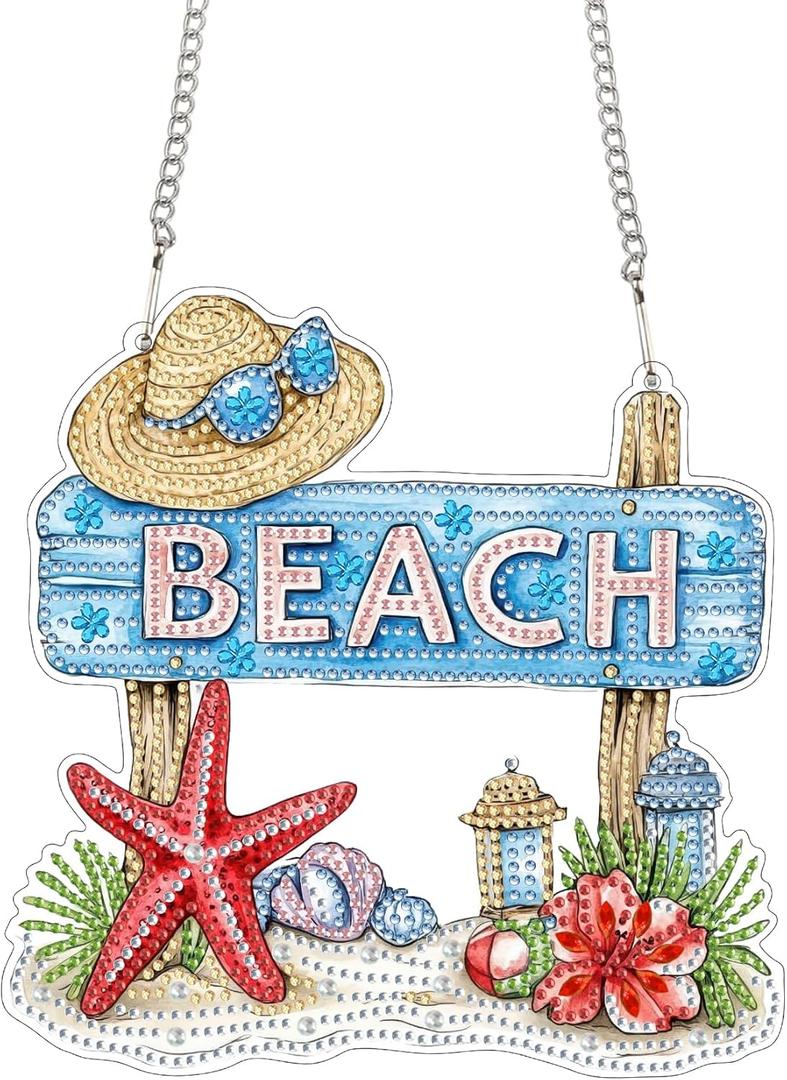 Bimkole Beach Diamond Art Hanging Kit for Adult, DIY 5D Diamond Painting Starfish Window Pendant, Acrylic Crystal Art Hanging Ornament Home Wall Garden Front Door Sign Outdoor Decor 7.8x7.8 Inch