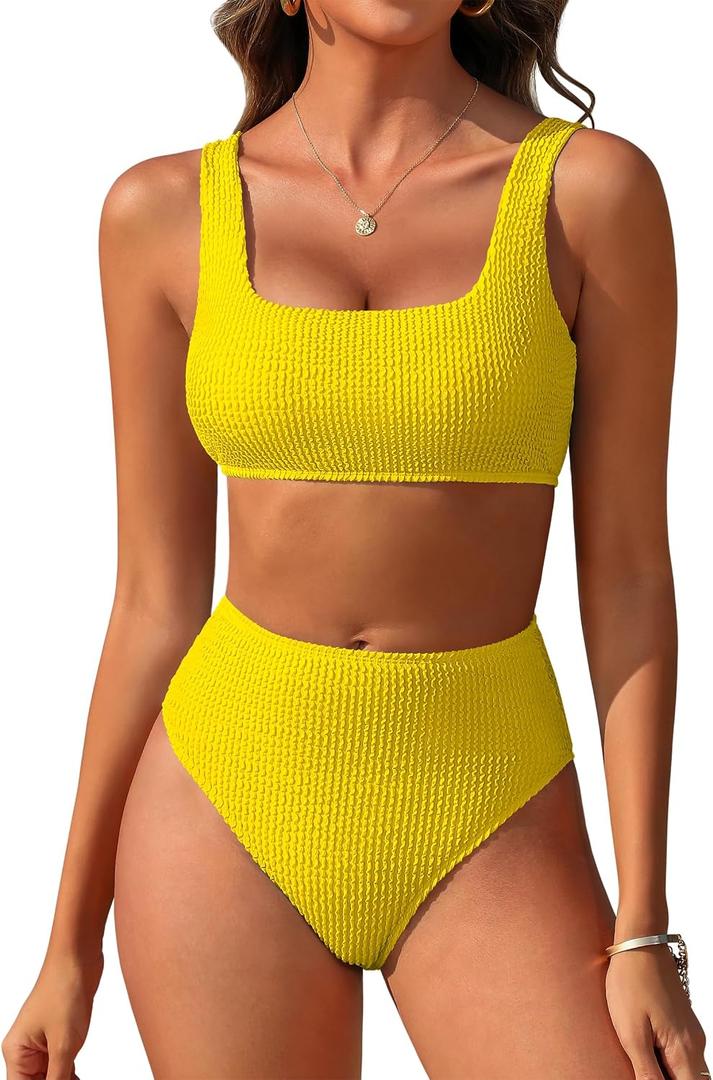 ANRABESS Women’ Two Piece Bikini Sets， High Waist Square Neck Swimsuits ，Ribbed Textured Comfy Bathing Suits，Beach Swim Wear, S