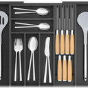 TIOPGHAD BambooSilverwareDrawerOrganizerKitchen, Expandable Utensil Holder Cutlery Tray Flatware Organization Adjustable Wood Tableware Dividers Storage (with Removable Knife Block)(Black)
