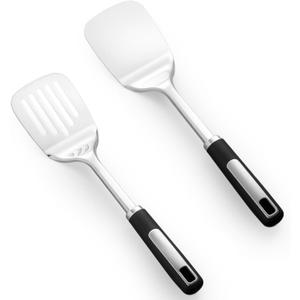 Stainless Steel Spatula Set, 2 Piece Heavy Duty Metal Turner Set, Thickened Solid & Slotted Spatula for Cooking, Heat Resistant Kitchen Utensils for Frying Fish, Eggs, Steak or Pancakes