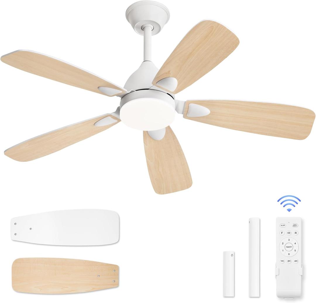 LEDIARY Ceiling Fans with Lights,42 inch Ceiling Fans with Lights and Remote,3CCT,6 Speeds,Reversible DC Motor,Noiseless,Small White Ceiling Fan for Bedroom Farmhouse and Patio,Indoor/Outdoor Use