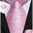 Hi-Tie Paisley Floral Ties Set for Men Silk Mens Stripes Necktie Pocket Square Cufflinks Set Formal Business (Pink)