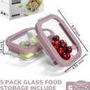 5-Pack Borosilicate Glass Containers with Tempered Lids, 35.2oz/4.4 Cup Airtight Meal Prep Set, Microwave/Freezer Safe (Pink)