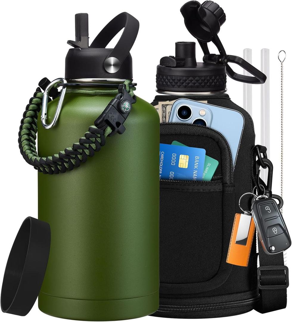 Stainless Steel Water Bottles 64oz - Insulated Half Gallon Water Jug with Straw & Chug Lid, Metal Tactical Canteen for Gym Sports Workout Hiking with Paracord Handle, Strap Carry Sleeve, Army Green (64 Ounces)