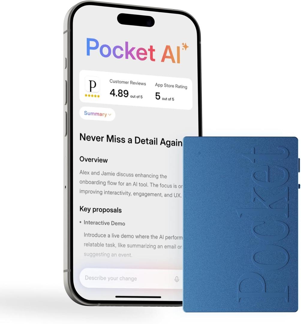 Pocket AI Voice Recorder & Smart Assistant Auto Transcription, Summaries & Action Items AI Note Taker for Meetings, Calls & Productivity - Sierra Blue