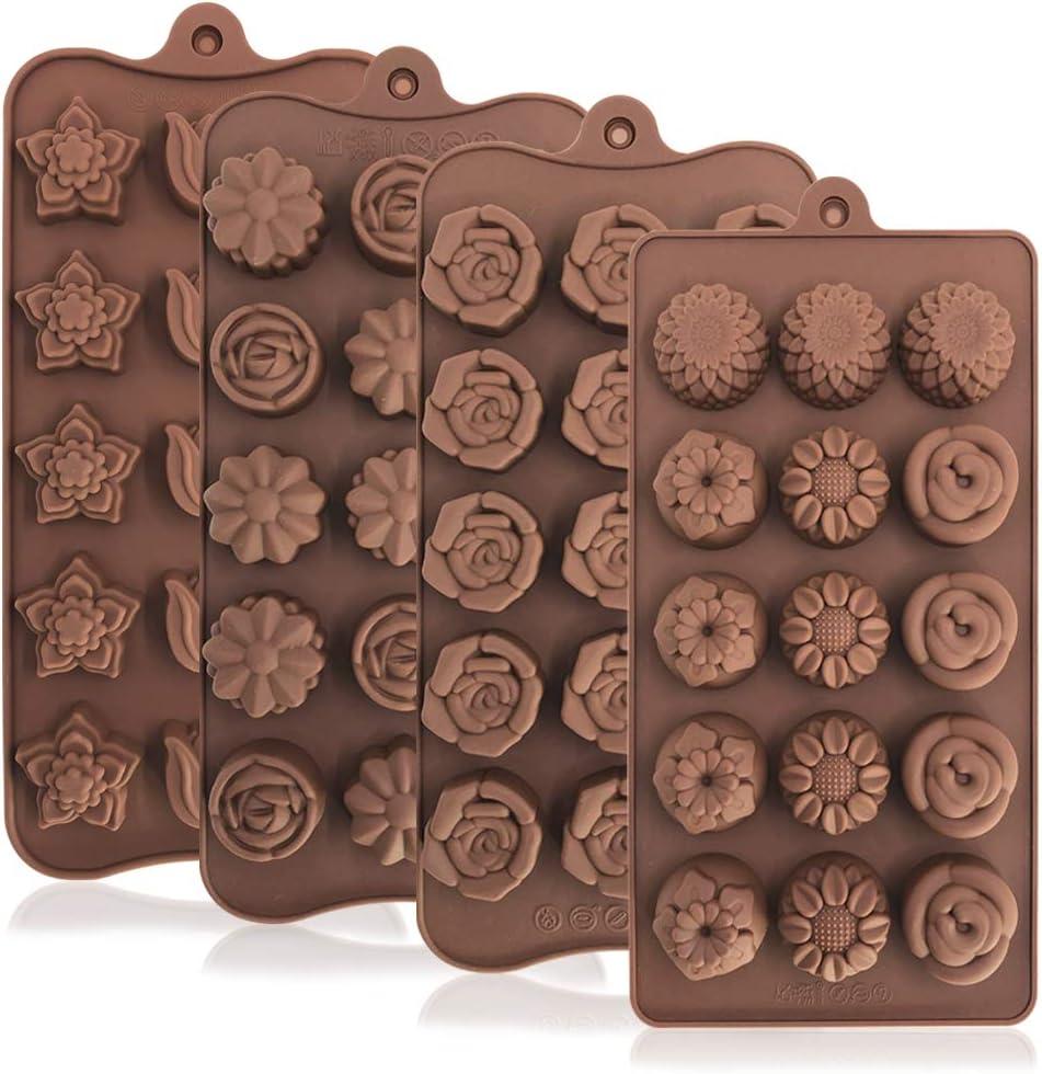 4 Pack Flower Shape Silicone Molds Chocolate Candy Mold, DanziX Silicone Mold for Christmas,Wedding,Festival, Parties, DIY Enthusiasts-15 Cavity