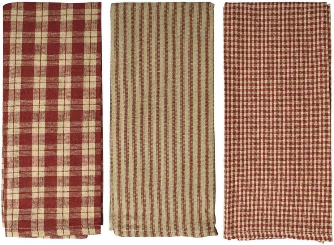 Burgundy Plaid Kitchen Towels 3 Pack - 15x25 Cotton Dish Towels - Rustic Country Hand Towels for Kitchen, Gingham Check Stripe Design