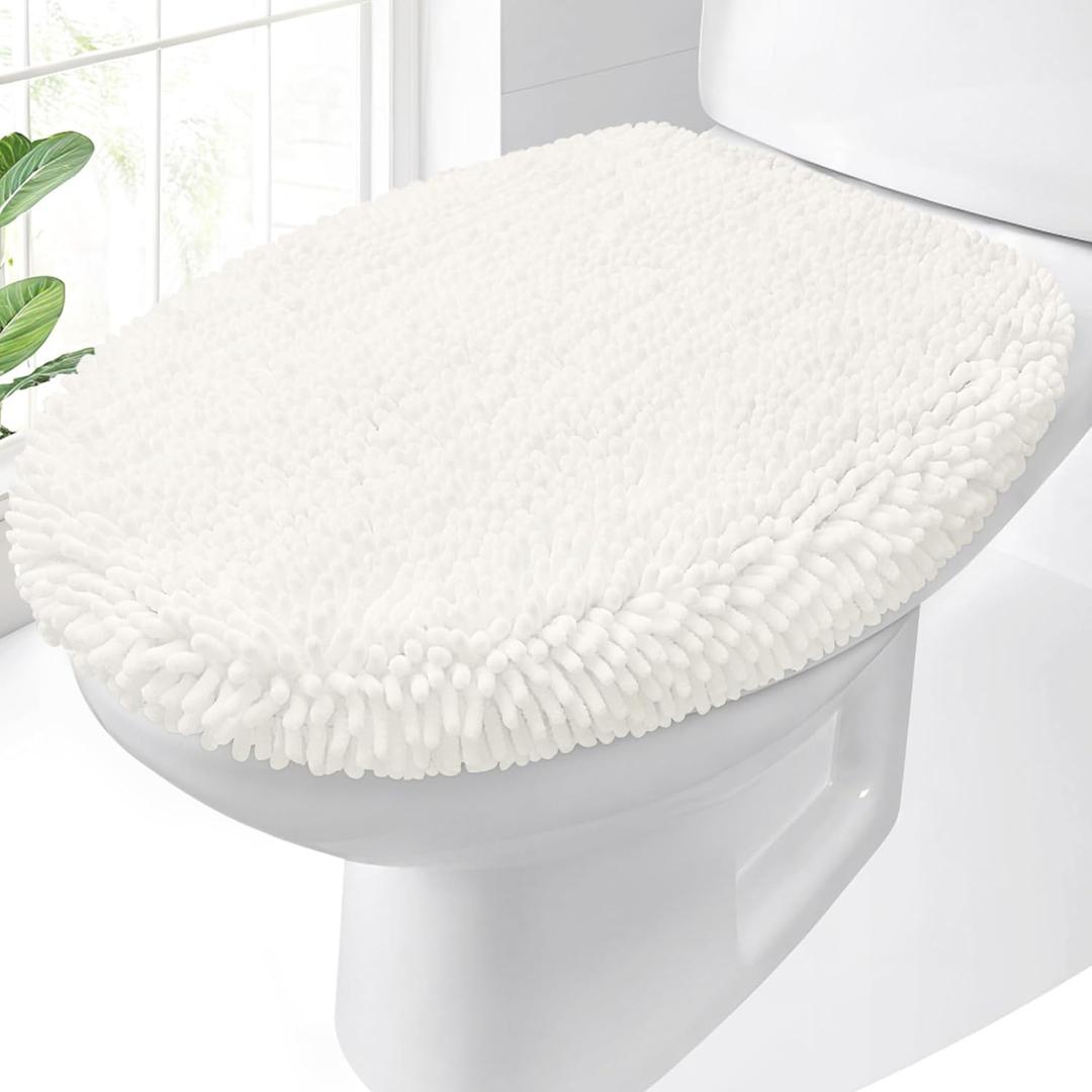 OLANLY Soft Chenille Bathroom Toilet Lid Cover, Machine Washable Seat Covers, 17.5x15, Stays in Place Rubber Backing, Fits Most Round, Elongated and Oblong Lids, Accessories Decor, Ivory