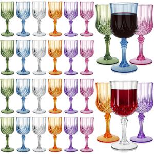 WRINGKIT 24 Pcs Plastic Vintage Wine Glasses, 7 Oz Plastic Colored Water Goblets for Party Wedding, Unbreakable Drinking Glasses Cups with Stem, Reusable Wine Cups for Beer, Cocktail, Whiskey, 6 Color