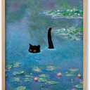 iHery Natural OAK Wood Framed Wall Art, 8x10in Claude Monet Waterlily Funny Black Cat Artwork Set of 1, Canvas Bedroom Wall Decor, Vintage Painting Impressionism Landscape for Bathroom Living Room