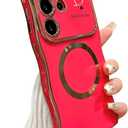 for Samsung Galaxy S22 Ultra Case Magnetic,for Women Girls Soft Cute Wave Frame Curly Shape Love Heart Luxury Plating Phone Case Compatible with MagSafe Shockproof Back Cover 6.8"-Hot Pink