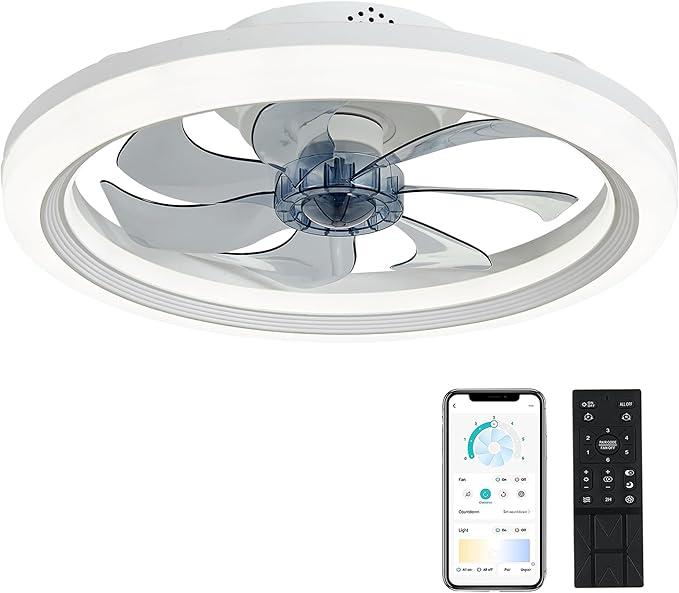 20" Modern Ceiling Fan with Light, 6 Speeds & Dimmable, White Flush Mount for Home