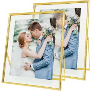 Qiannhee Gold 8x10 Floating Frames Set of 2, Double Glass Desktop Picture Frames, Holds Multiple Photo Sizes, Photo Frame with Metal Stand