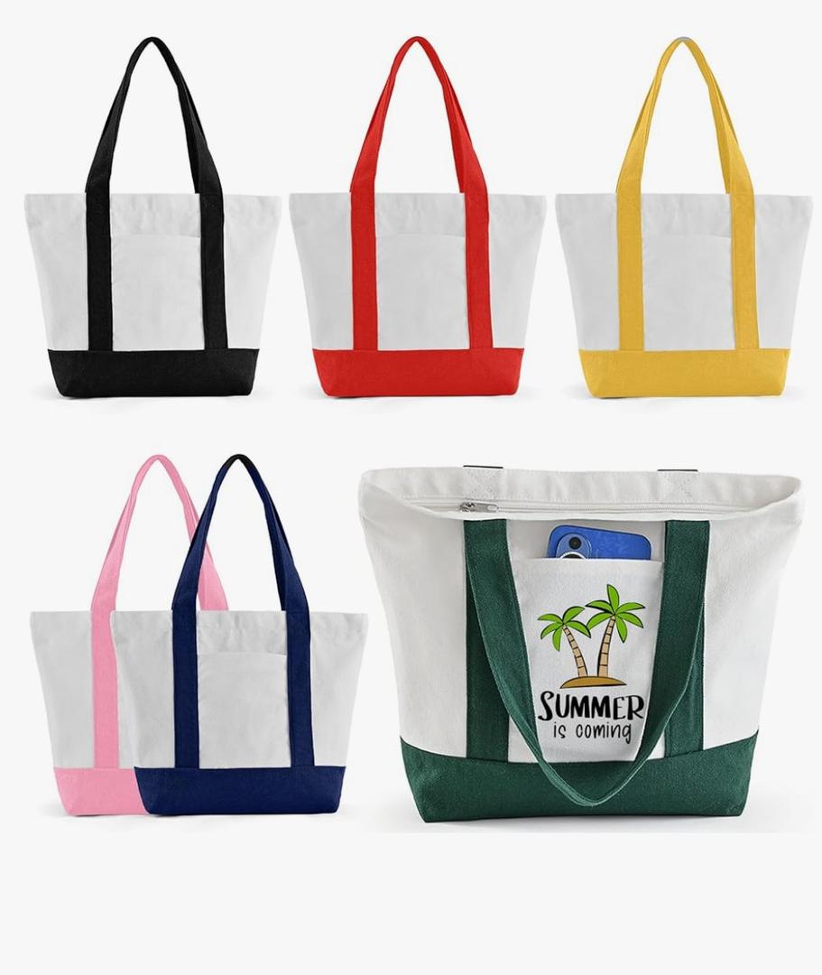 Mini Canvas Tote Bag with Pockets, 12oz Cotton Small Tote Bag with Zipper Reusable Grocery Shopping Bags for DIY, 6 Pieces