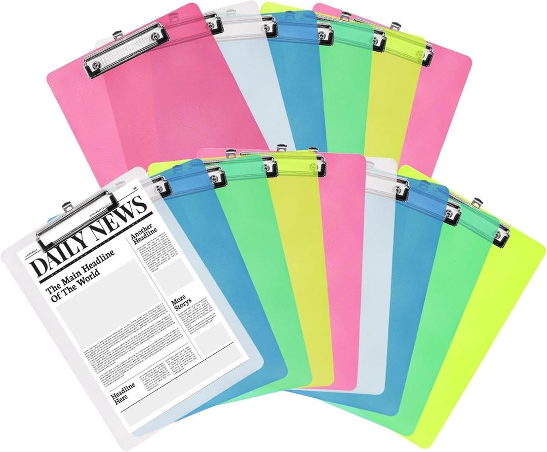 YOUEON 15 Pack Plastic Clipboards Standard A4 Letter Size, 9" x 12.5" Multi Color Clipboards Bulk, Hangable Clip Boards with Low Profile Metal Clip for Office, College, Hospital, Teacher
