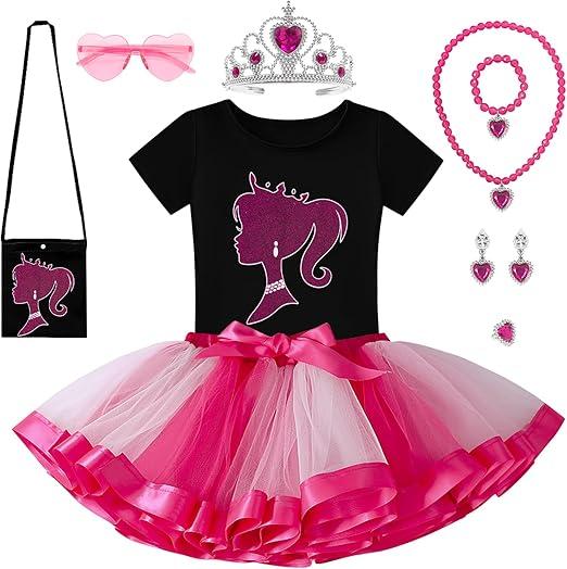 VORLITS Girls Pink Costume Set rainbow Tutu Dress For Kids Movie Cosplay Dress Up Outfits Halloween Birthday Party, 140