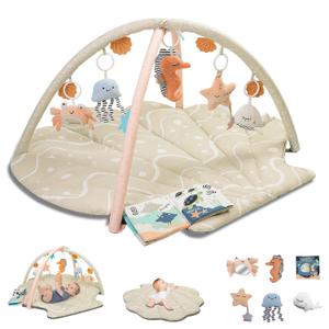 Baby Play Mat, Oversize Shell Tummy Time Mat with 6 Detachable Baby Activity Toys, Baby Gyms & Playmats for Babies 0-6 Months, Baby Essentials Mat for Floor Newborn Baby Shower Gifts (Beige)