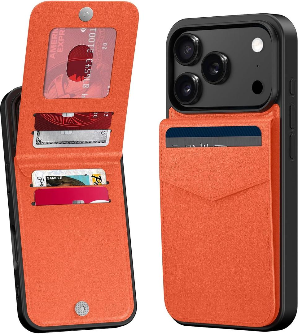 Bemal for iPhone 17 Pro Max Wallet Case, Built-in Card Holder, RFID Blocking, PU Leather Kickstand, Magnetic Closure, Durable Shockproof Phone Cover for Women and Men, Orange