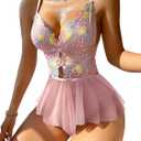Lilosy Sexy Bows Floral Lace Mesh Babydoll Lingerie Romper (Pink, S)