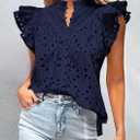 PRETTYGARDEN Womens Summer Tops 2026 Dressy Casual Ruffle Cap Sleeve Button V Neck Embroidered Eyelet Blouses Shirts (Black, S)