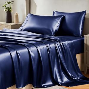 CozyLux Satin Sheets Queen Size Bed Set - 4 Piece Silky Queen Sheet Set, Luxury Navy Blue Queen Sheets with Smooth and Soft Microfiber, Includes 1 Fitted Sheet, 1 Flat Sheet and 2 Pillowcases