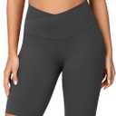 ODODOS Women's Crossover Yoga Shorts with Back Pocket, 8" Buttery Soft V High Waist Lounge Biker Shorts, Charcoal, Small 