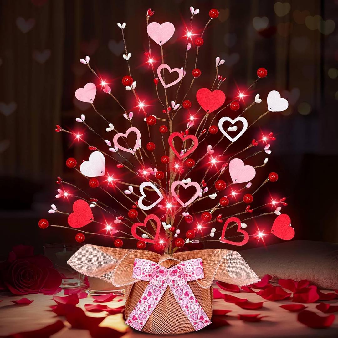 Valentine's Day Tree Tabletop Decorations with 20 Red Lights, Timer, Battery Operated - 16 Inch, Pink & White Hearts, 32 Red Berries - Perfect for Home, Table, Bedroom, Indoor Party & Wedding Decor